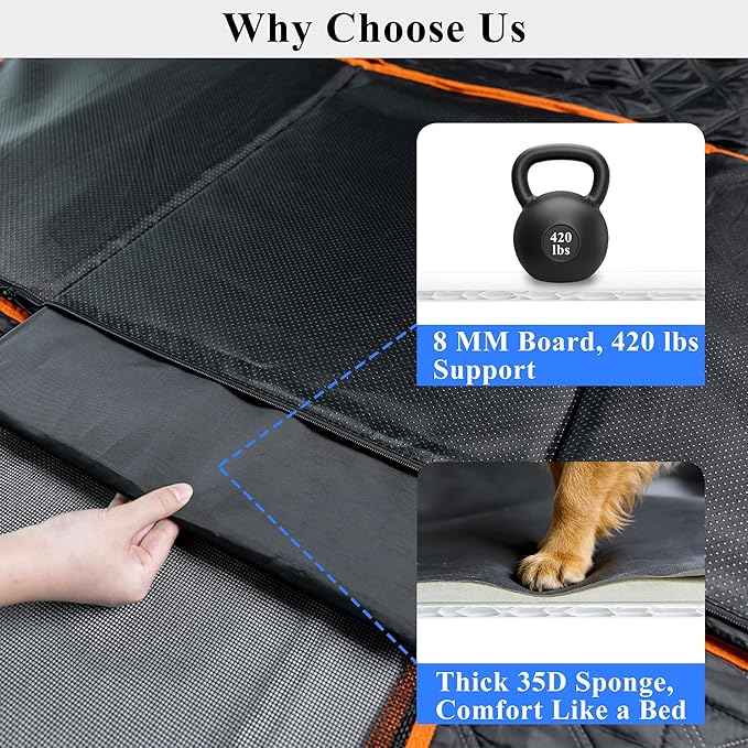 Hard Bottom Back Seat Extender for Dogs, Waterproof Dog Car Seat Cover, 420lb Support, 600D Heavy Duty Car Seat Protector Dog Hammock for Sedan, SUV, Small Truck(Black & Orange)