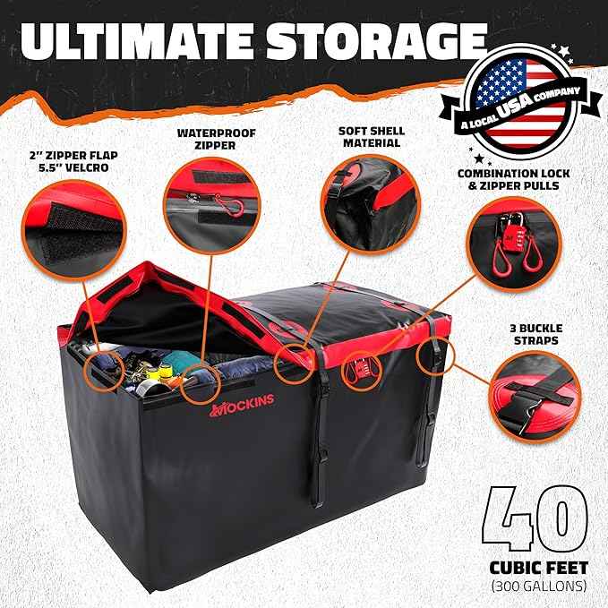 Mockins 40 CuFt XXL Trailer Hitch Cargo Carrier Bag | 70"x30"x33" Heavy Duty Vinyl Cargo Bag for Hitch Carrier | Versatile as Waterproof Truck Bed Storage | Vehicle Soft Shell Carriers w/Accessories