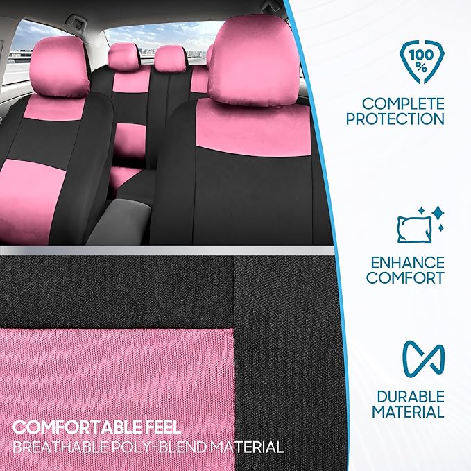BDK PolyPro Pink Car Seat Covers Full Set with 4-Piece Car Floor Mats - Two-Tone Seat Covers for Cars with Carpet, Interior Covers for Auto Truck Van SUV