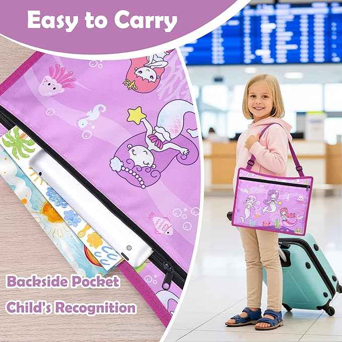 Kids Travel Tray for Toddler Carseat, Road Trip Activities Essentials for Toddler, Kids Lap Desk Tray with Tablet Holder Stand ＆ Dry Erase Board (Mermaid)