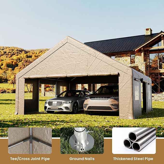 COSIEST 20'×20' Storage Shelter Outdoor Gable Roof Carport with Removable Side Walls, Heavy-Duty Garage Canopy Weatherproof PE Cover, Multi-Purpose Vehicle/Tractor Shed for Backyard/Driveway/Farm