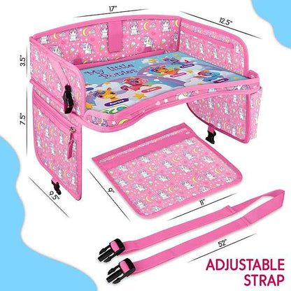 Kids Travel Tray - Waterproof Lap Table with No-Drop Large Tablet Holder - Car Seat Tray - Road Trip Essentials Kids - Car Desk Organizer for Airplane - Toddler Travel Essentials (UNICORN)