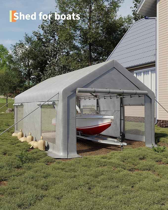 Garvee 12x20 ft Portable Garage, Car Port with 200 g PE Tarp Canopy, with 2 Roll-Up Doors and 4 Windows, for Temporary Paint Booth, Boats&Pickups Shed, and Event Shelter, White