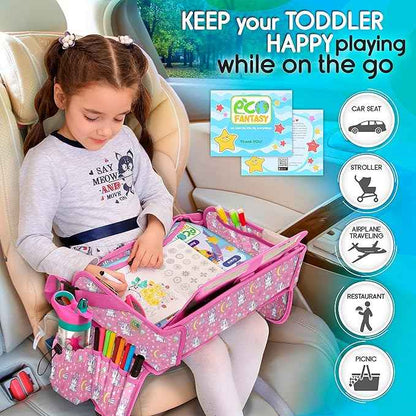 Kids Travel Tray - Waterproof Lap Table with No-Drop Large Tablet Holder - Car Seat Tray - Road Trip Essentials Kids - Car Desk Organizer for Airplane - Toddler Travel Essentials (UNICORN)