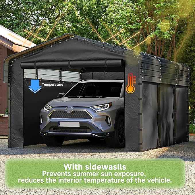 10x15FT Heavy Duty Metal Carport,Outdoor Garage with Removable Sidewalls & Doors, Heavy Duty Steel Frame and Galvanized Roof for Cars and Boats, Gray