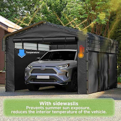10x15FT Heavy Duty Metal Carport,Outdoor Garage with Removable Sidewalls & Doors, Heavy Duty Steel Frame and Galvanized Roof for Cars and Boats, Gray