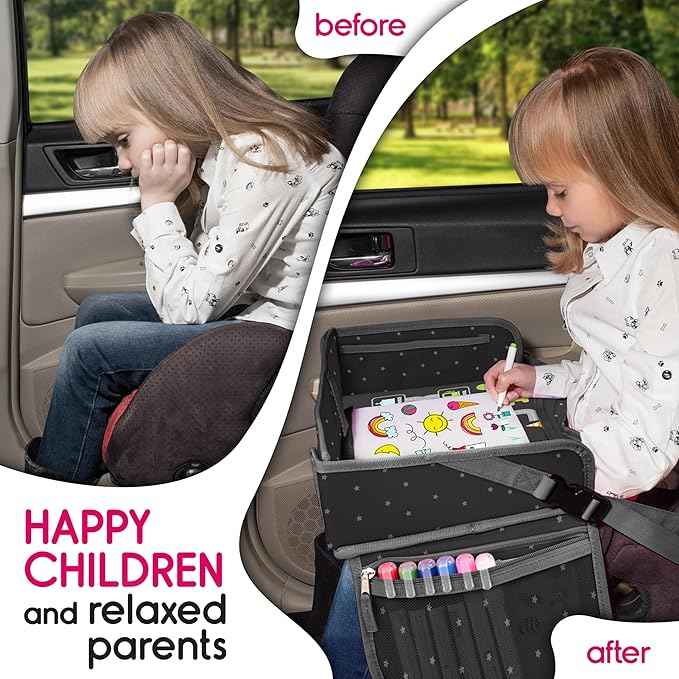 Kids Travel Tray - Waterproof Lap Table with No-Drop Large Tablet Holder - Car Seat Tray - Road Trip Essentials Kids - Car Desk Organizer for Airplane - Toddler Travel Essentials