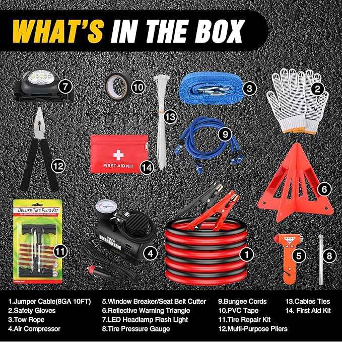 Nilight Car Emergency Kit with Jumper Cable Air Compressor Tire Repair Essential Tools First Aid Alligator Connector Electrical Kit for Travel Camping Outdoor Cars Truck SUV RV