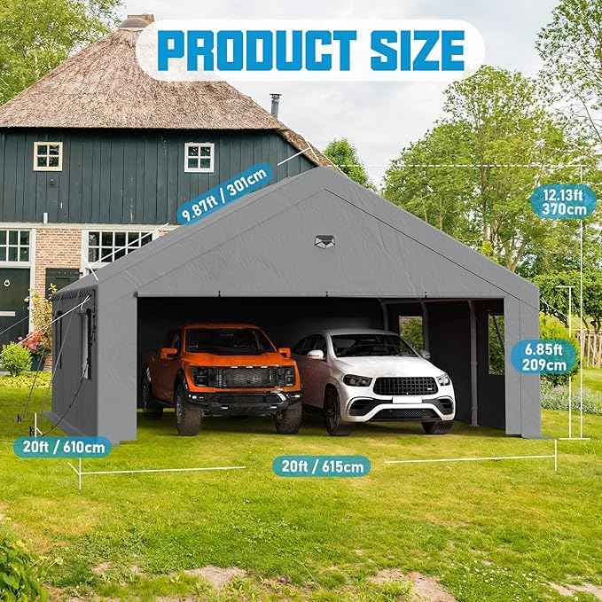 Carports Canopy Heavy Duty, Portable Garage with Sidewalls (20x20, Grey)