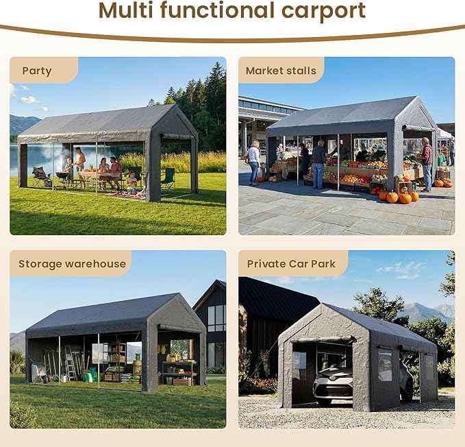 COSIEST 10'×20' Storage Shelter Outdoor Gable Roof Carport with Removable Side Walls, Heavy-Duty Garage Canopy Weatherproof PE Cover, Multi-Purpose Vehicle/Tractor Shed for Backyard/Driveway/Farm