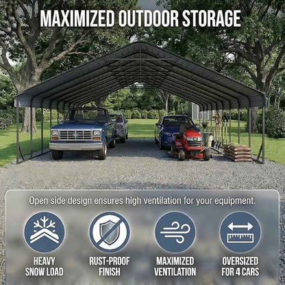 20x30 ft Metal Carport & Portable Garage, Heavy Duty with Galvanized Steel Roof & Frame - Large Tall Carports Canopy for Snow, Grey for Outdoor Garages