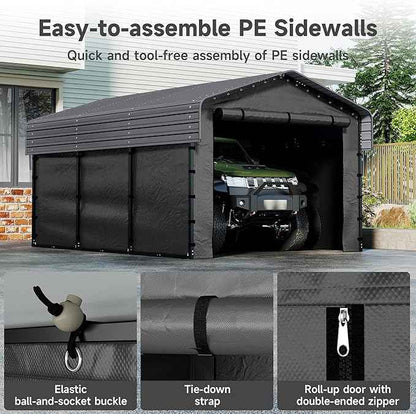 10x15FT Heavy Duty Metal Carport Canopy with Galvanized Steel Roof, Removable Sidewalls Enclosure Kit, Multi-Use Shelter Outdoor Garage for Car, Boat, Party, Gray