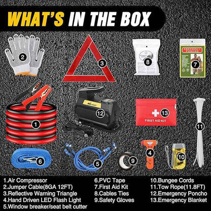 Nilight Car Emergency Kit with Jumper Cable Air Compressor Tire Repair Essential Tools First Aid Alligator Connector Electrical Kit for Travel Camping Outdoor Cars Truck SUV RV