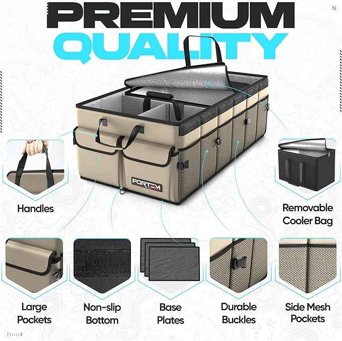 FORTEM Trunk Organizer with Cooler For SUV Car Trunk, Foldable Storage, Car Accessories for Women Men, Collapsible Bag, Perfect Christmas Gifts, 600D Oxford, Non Slip Bottom, Straps, Soft Cover (105L)