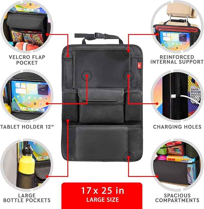 Helteko Car Seat Organizer, Ultra Version Kids Backseat Car Organizers and Storage, Waterproof Back Seat Protector Kick Mats with Tablet Holder 12" Car Accessories Interior, Gray, 1 Pack