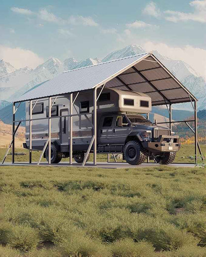 Garvee 20x20 ft Metal Carport Kit, 120° Steep-Pitch Vertical Roof for Snow Shedding, 173" High-Clearance RV & Tractor Shelter, Heavy-Duty 2 Cars Car Port with Reinforced Frame