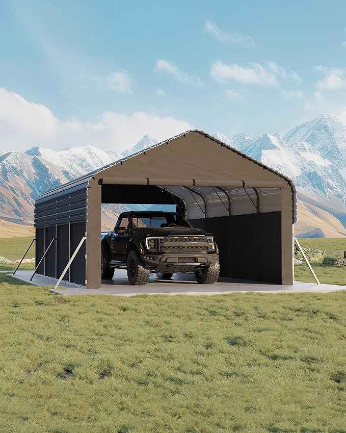 Garvee 12x20x9 ft Metal Carport Enclosed, Car Ports with Heavy Duty 220 g Tarp Gable End Doors and Sidewalls, All-Weather Carport for Full-Size Pickup Trucks, Bass Boats, and Tractors