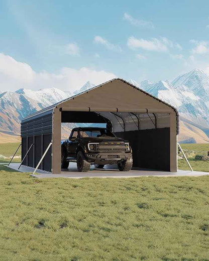 Garvee 12x20x9 ft Metal Carport Enclosed, Car Ports with Heavy Duty 220 g Tarp Gable End Doors and Sidewalls, All-Weather Carport for Full-Size Pickup Trucks, Bass Boats, and Tractors