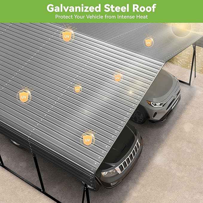 Heavy Duty Metal Carport, 20x20FT Carport Canopy with Galvanized Steel Roof and Reinforced Frame, 4 Support Rods, Outdoor Garage Car Shelter Shade for 2 Cars, Boats and Truck, Party, Gray