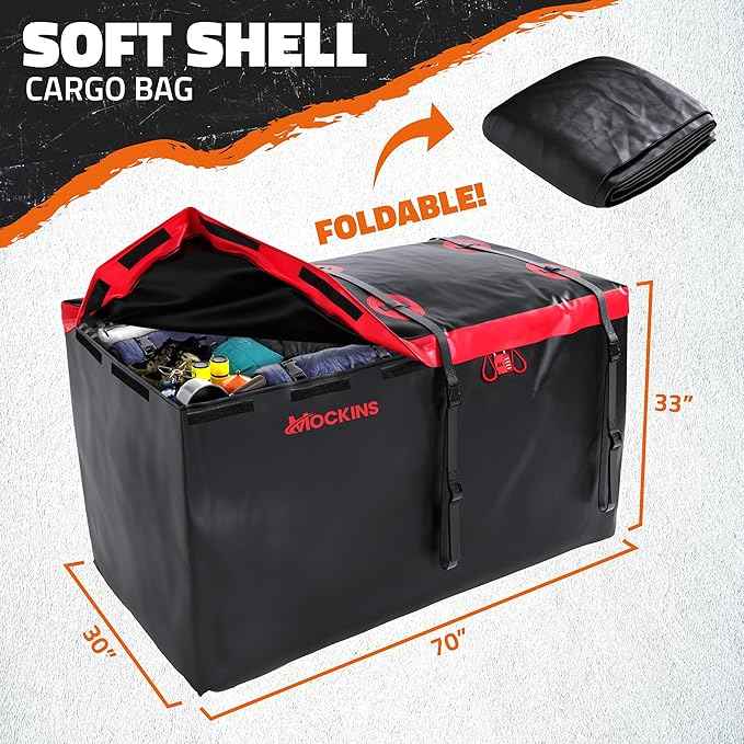 Mockins 40 CuFt XXL Trailer Hitch Cargo Carrier Bag | 70"x30"x33" Heavy Duty Vinyl Cargo Bag for Hitch Carrier | Versatile as Waterproof Truck Bed Storage | Vehicle Soft Shell Carriers w/Accessories