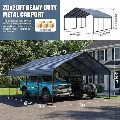 20x20 ft Metal Carport & Portable Garage, Heavy Duty with Galvanized Steel Roof & Frame - Large Tall Carports Canopy for Snow, Grey for Outdoor Garages