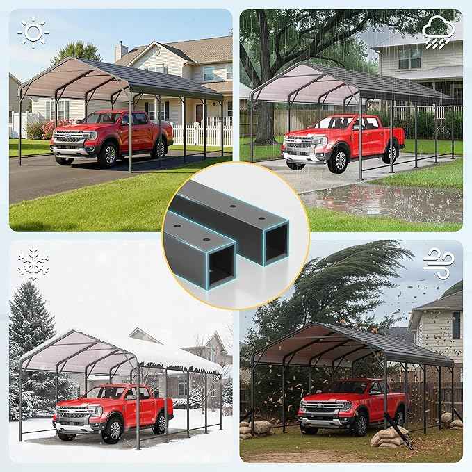 Wisteria Lane 12x20FT Metal Carport, Heavy Duty Carport Canopy with Reinforced Frame and Base for All-Weather, Outdoor Garage Car Port for Boats, Tractors, Pickup Trucks or Party, Dark Gray