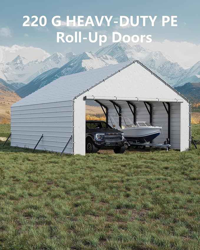 GarveeLife Heavy-Duty PE Enclosure Kit (2-Pack) for Metal Carport - 220gsm Roll-Up Zipper Door Panels for 20x25, 20x20 ft, with Ball Bungees, White