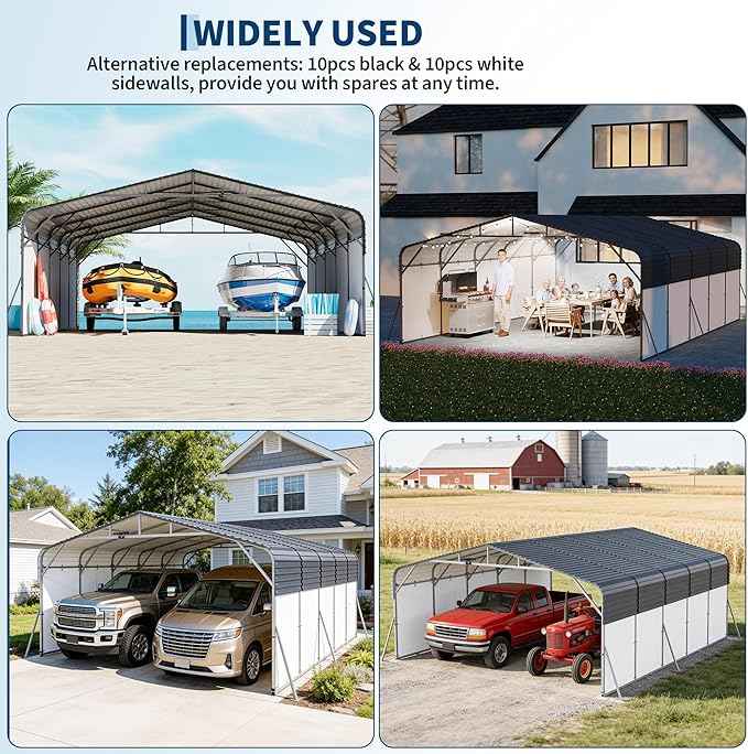 20x25FT Metal Carport w/Led Light,Outdoor Portable Car Garage,Removable PE Sidewalls,Reinforced Base & Galvanized Steel Roof, Outdoor Car Port Canopy Shelter for Boats, Trucks