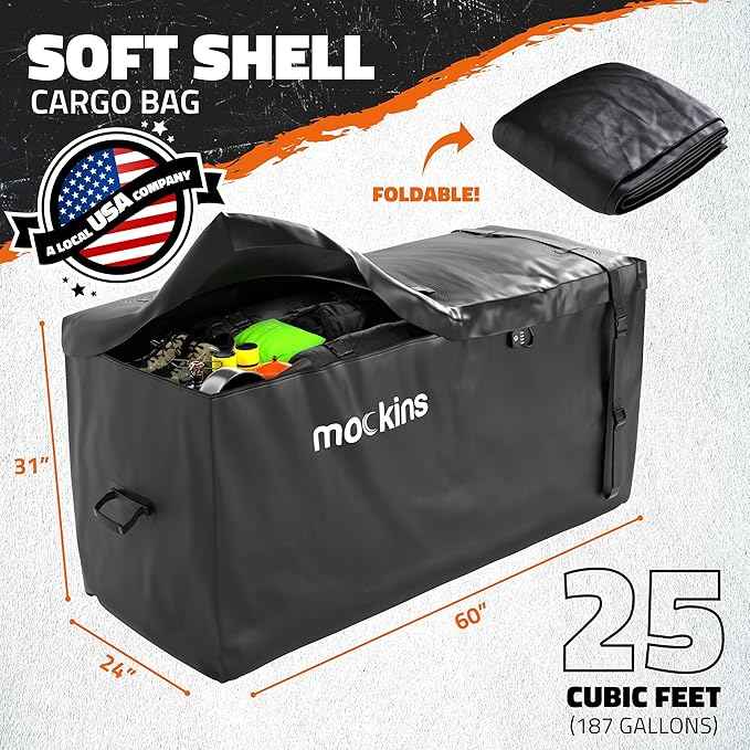Mockins 25 CuFt All-Weather Trailer Hitch Cargo Carrier Bag | 60"x24"x31" Versatile Truck Bed Waterproof Storage & Cargo Bag for Hitch Carrier | Vehicle Soft-Shell Carriers w/Straps, Lock & Carry Bag