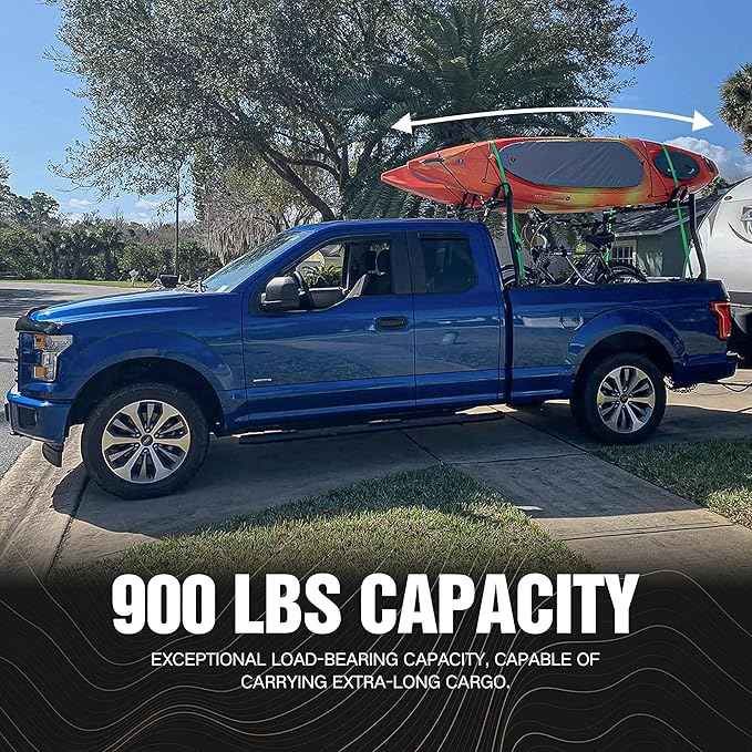 Universal Truck Bed Ladder Rack, Non-Drilling, 900 LBS Load Capacity, Fit Most Truck Bed Ranging from 53" to 68" Wide, Extendable Heavy Duty Steel Cargo Rack for Kayak, Surfboard, Lumber, Ladder