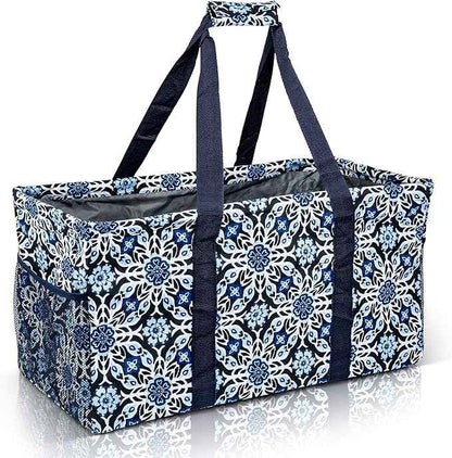 Extra Large Utility Tote Bag - Oversized Collapsible Reusable Wire Frame Rectangular Canvas Basket With Two Exterior Pockets For Beach, Pool, Laundry, Car Trunk, Storage - Blue Snowflake
