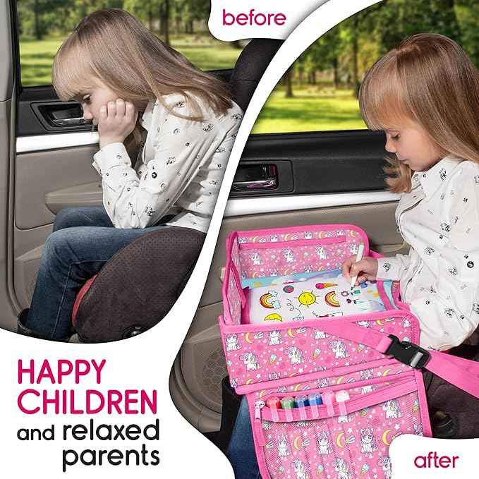 Kids Travel Tray - Waterproof Lap Table with No-Drop Large Tablet Holder - Car Seat Tray - Road Trip Essentials Kids - Car Desk Organizer for Airplane - Toddler Travel Essentials (UNICORN)
