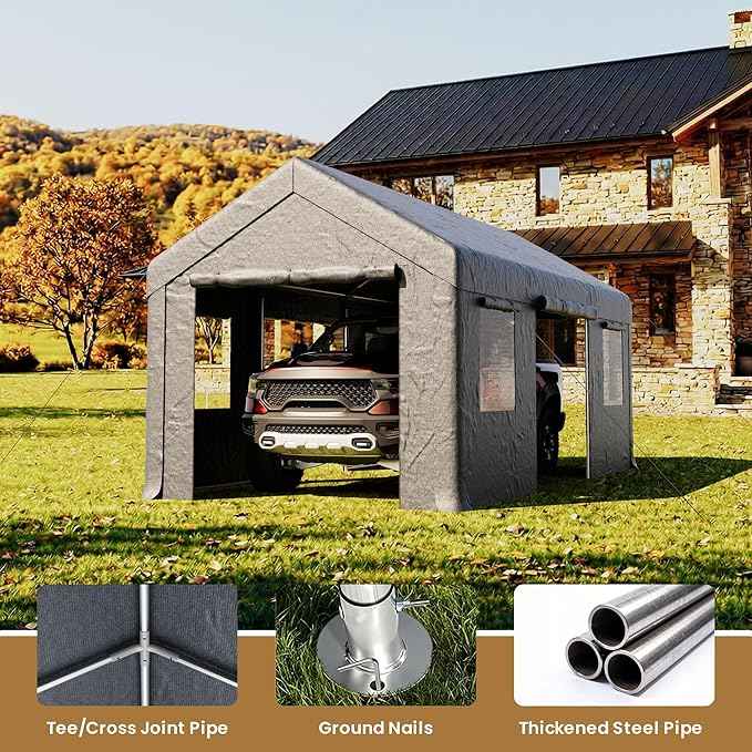 COSIEST 10'×20' Storage Shelter Outdoor Gable Roof Carport with Removable Side Walls, Heavy-Duty Garage Canopy Weatherproof PE Cover, Multi-Purpose Vehicle/Tractor Shed for Backyard/Driveway/Farm