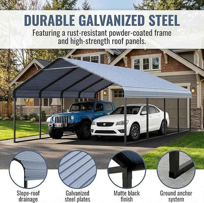 20x20 ft Metal Carport & Portable Garage, Heavy Duty with Galvanized Steel Roof & Frame - Large Tall Carports Canopy for Snow, Grey for Outdoor Garages