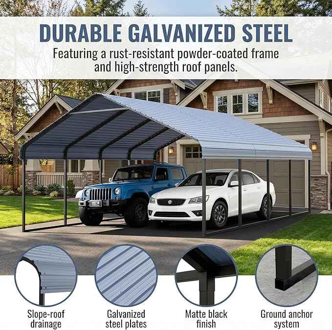 12x20 ft Metal Carport & Portable Garage, Heavy Duty with Galvanized Steel Roof & Frame - Large Tall Carports Canopy for Snow, Grey for Outdoor Garages