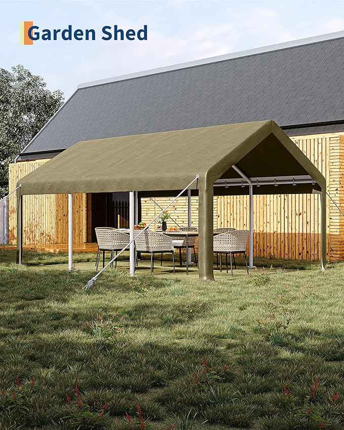 Garvee 10x20 ft Portable Garage, Car Port with 200 g PE Tarp Canopy, with 2 Roll-Up Doors and 4 Windows, for Temporary Paint Booth, Boats&Pickups Shed, and Event Shelter, Khaki