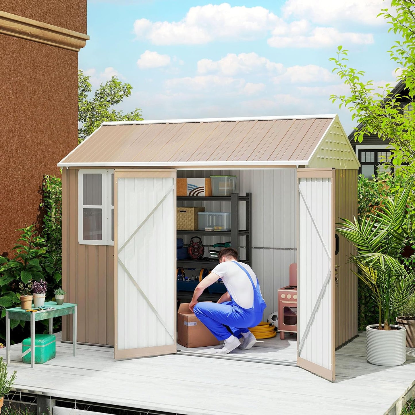 Outsunny 8' x 6' Outdoor Storage Shed, Metal Garden Shed with Window & Double Lockable Door, Outdoor Tool Shed Storage with Sloped Roof for Backyard, Patio, Garage, Lawn, Brown