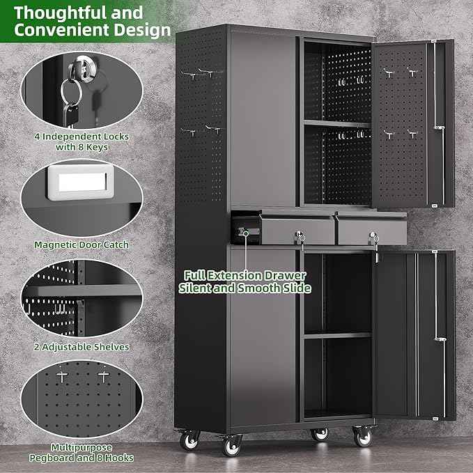 Aobabo Garage Storage Cabinet with Wheels, Metal Tool Storage Cabinet with 2 Drawers for Garage Home,Assembly Required,Black