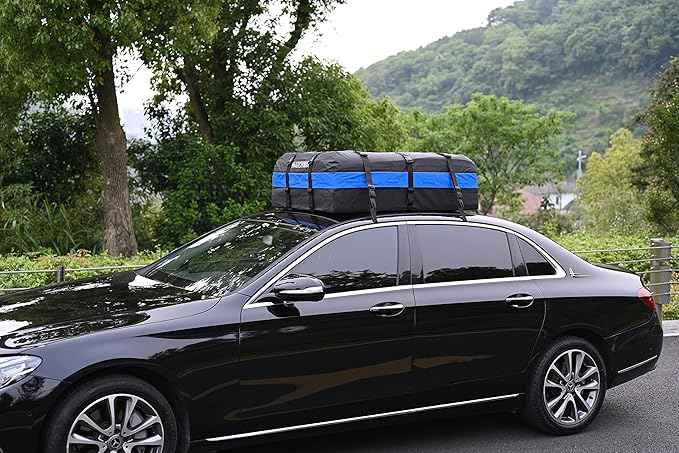 MARCHWAY Waterproof Car Roof Luggage Bag, Weatherproof Soft Shell Rooftop Cargo Carrier Bag for Vehicles with or Without Rack. 6 Door Hooks, Anti Slip Mat, Lock Included (21 Cubic Feet, Blue)