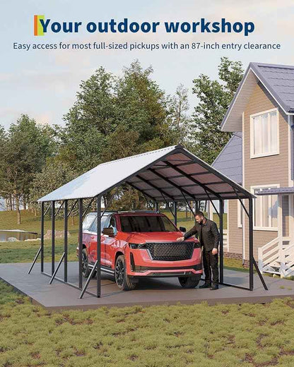 Garvee 13x21 ft Metal Carport Kit, 120° Steep-Pitch Vertical Roof for Snow Shedding, 133" High-Clearance Full-Sized Pickup & Van Shelter, Heavy-Duty Metal Car Port with Reinforced Frame