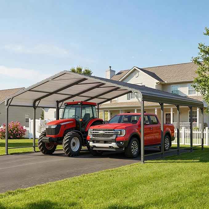 20' x 20' Carport, Metal Carport with Updated Roof & Enhanced Base, Heavy Duty Canopy Carports Garage, Vertaile for Car, Truck, Boat, Tractors, Party, Grey