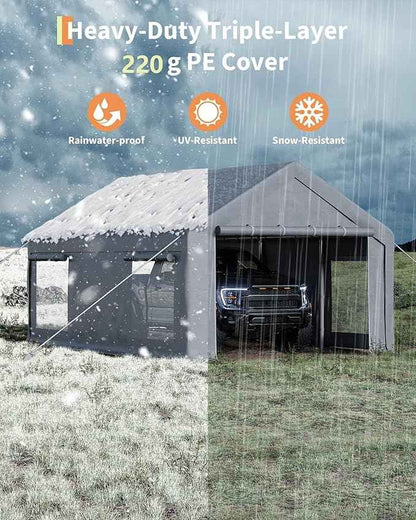 GarveeLife 13x20 ft Portable Garage, Car Port with 220 g PE Tarp Cover, with Front & Rear Roll-Up Doors and 4 Windows, for Temporary Paint Booth, Boats&Pickups Shed, and Event Shelter, Gray