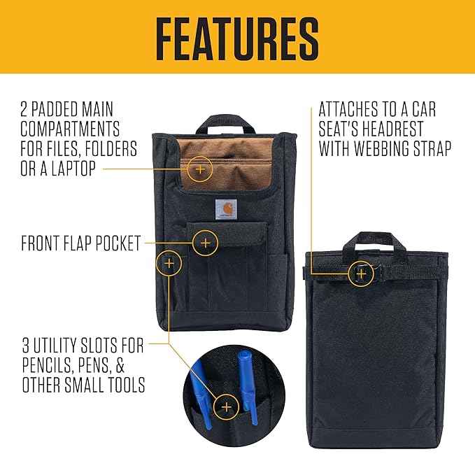 Carhartt Front Seat Car Organizer, Passenger Seat Storage & Organization for Books, Files, Folders, Laptop & More, Black