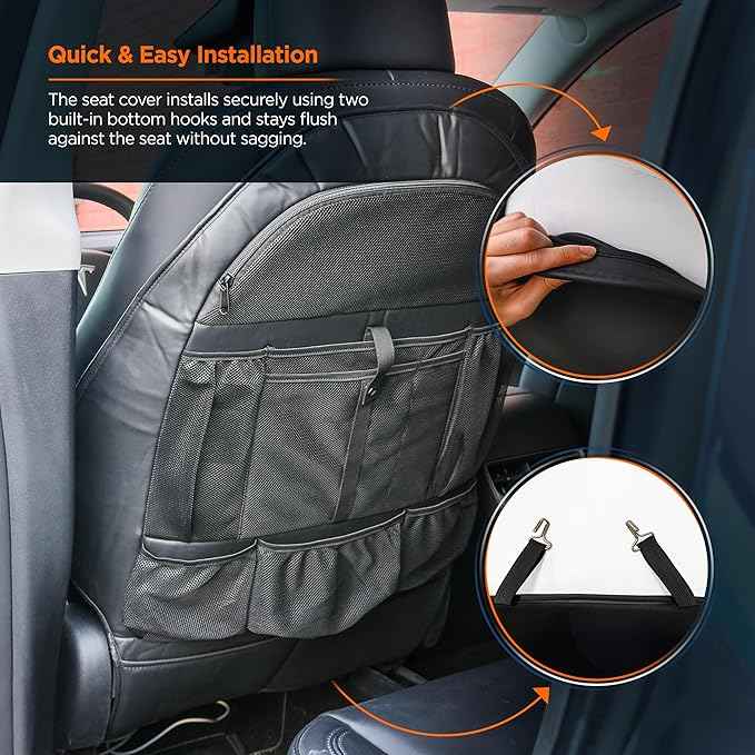Seat Back Protector Organizer for Tesla Model-3 and Model-Y (Rear Passenger) Fitted Organization with Zippered Storage Pockets (Black)