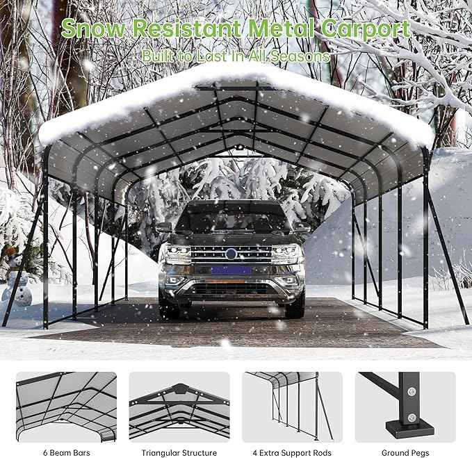 12x20FT Metal Carport, Heavy Duty Frame with Updated Galvanized Steel Roof, Enhanced Base, Outdoor Garage Car Storage Shelter for Cars, Boats, Tools, Party