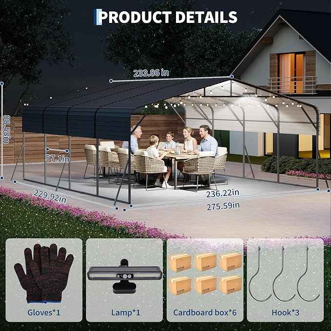 20x20FT Heavy Duty Metal Carport w/Led Light,Outdoor Portable Car Garage,Reinforced Base & Galvanized Steel Roof, Outdoor Car Port Canopy Shelter for Boats, Full-Sized Pickup Trucks