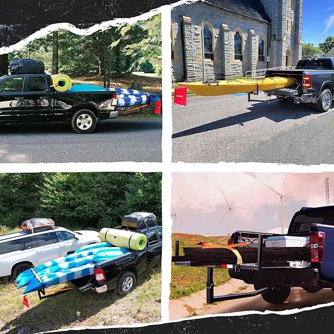 Mockins 750 Lbs Cap Truck Bed Extender Hitch Mount | 2-in-1 All-Weather Steel Canoe Rack & Kayak Trailer w/Stabilizer & Straps | Versatile Bed Extenders for Trucks & SUVs for Ladders, Pipes & Lumber