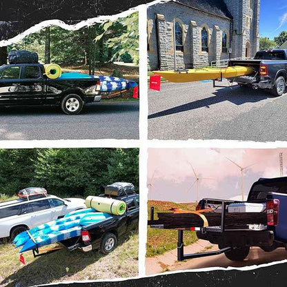 Mockins 750 Lbs Cap Truck Bed Extender Hitch Mount | 2-in-1 All-Weather Steel Canoe Rack & Kayak Trailer w/Stabilizer & Straps | Versatile Bed Extenders for Trucks & SUVs for Ladders, Pipes & Lumber
