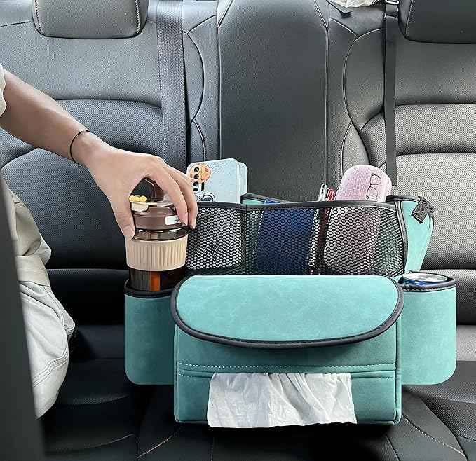 JEYODA Car Suede Seat Organizer High-capacity Seat Back Pouch Central Storage for Pickup SUVs Double-sided Tissue Storage Handbag Holder Car Accessories (Blue)