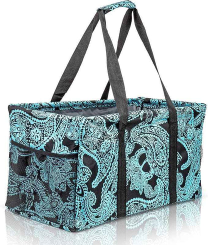 Extra Large Utility Tote Bag - Oversized Collapsible Reusable Wire Frame Rectangular Canvas Basket With Two Exterior Pockets For Beach, Pool, Laundry, Car Trunk, Storage - Paisley Blue